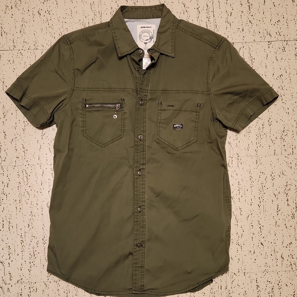 Diesel Olive Green Button Down Short Sleeve Zipper Pocket Casual Dress Shirt
